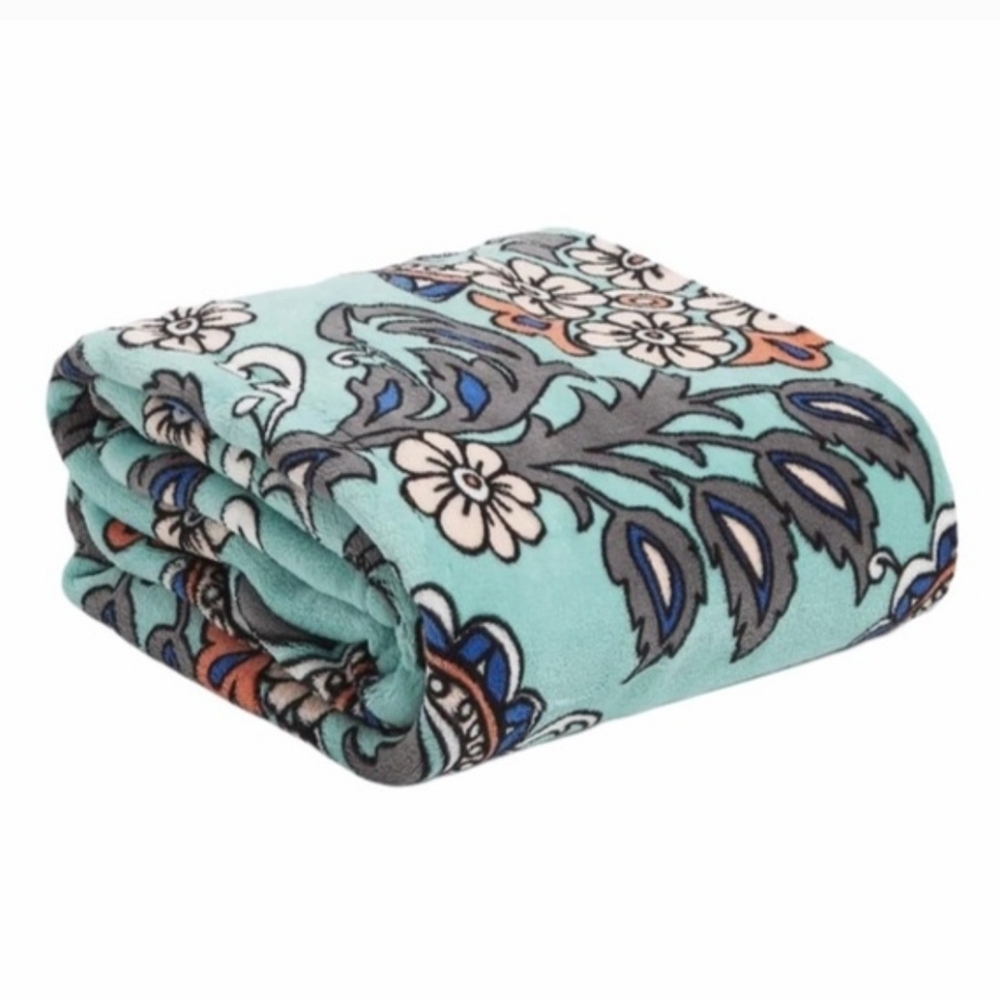 Vera Bradley Plush Throw Blanket 50×80 Fan Flowers Pink Green Warm Soft